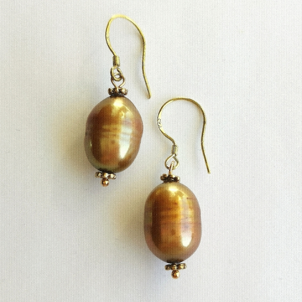 Bronze Brown Freshwater Pearl earrings Sterling Silver Gold Plated 🆕